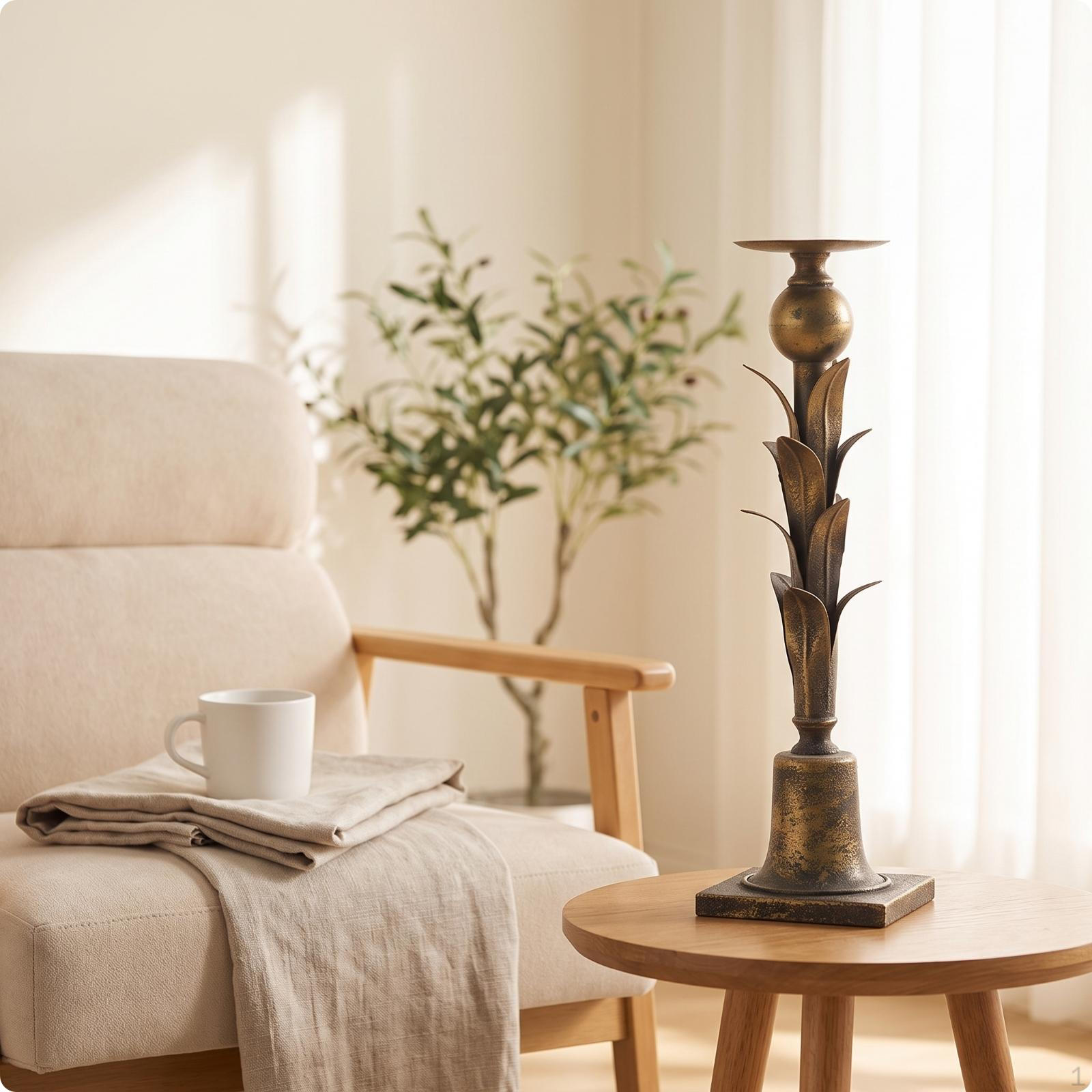 Pillar Candle Holder AntiqueStyle with Leaf Design Distressed Candlestick for Dining
