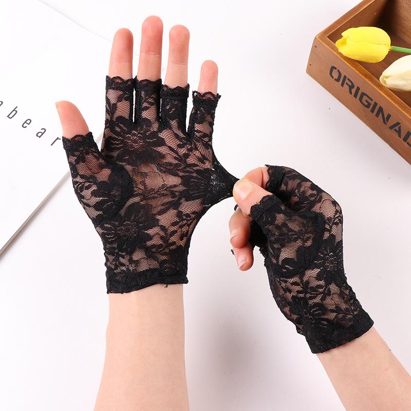 Sexy Spitzenhandschuhe ohne Finger für Damen Sonnenschutzhandschuhe Damen Fahrhandschuhe für Damen Halbfinger Atmungsaktive Fischgrät-Handschuhe