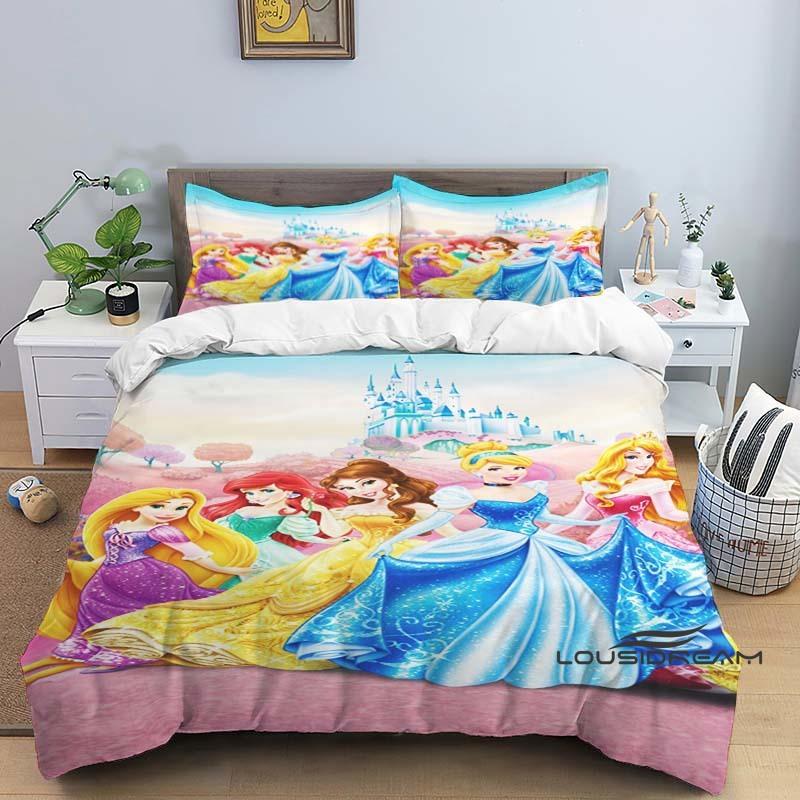 1pcDisney Princess 3D Printed Duvet Cover and Pillowcase Bedding Set, Suitable for Single, Double, King, and Queen Beds.