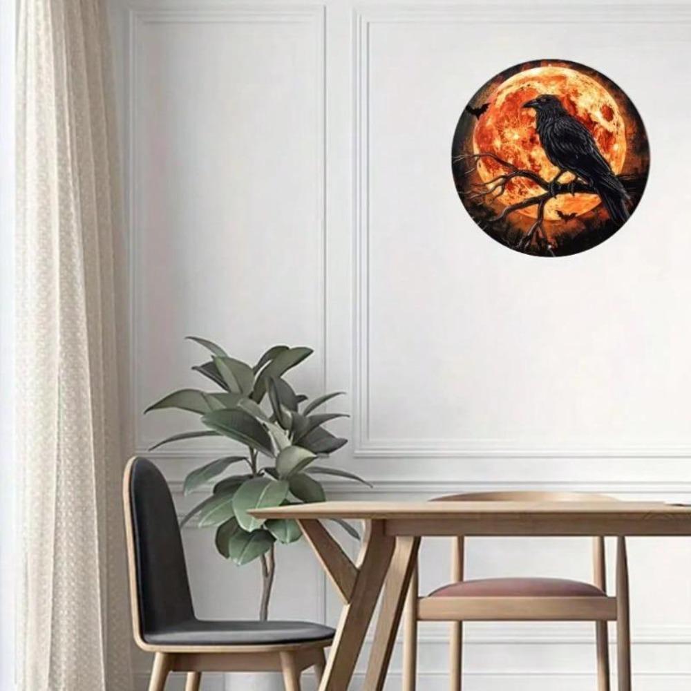 Gothic Raven Red Moon Metal Wall Art Halloween Decor