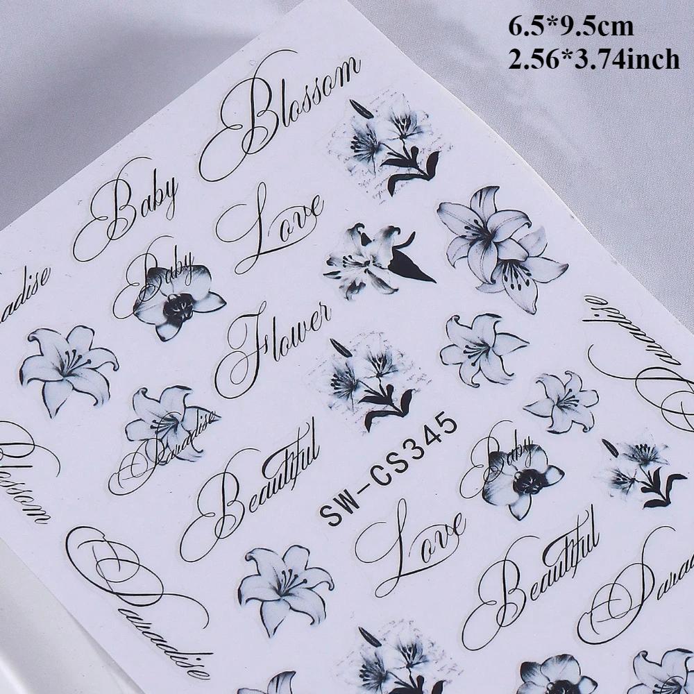 2Pcs Lily Letter Nail Stickers, Black and White Ink Painting Floral & Letter Self-Adhesive Nail Decals