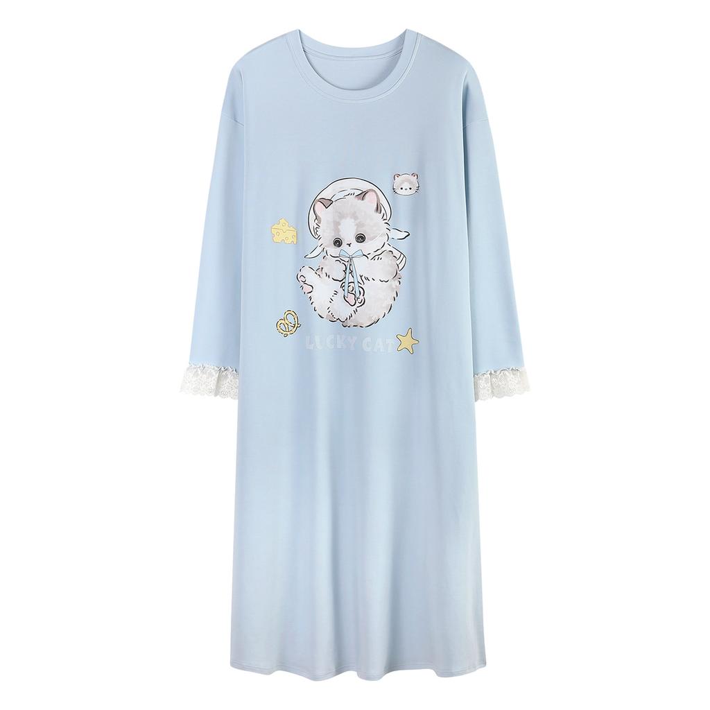 Nachthemd Damen Frühling und Herbst Reine Baumwolle Langärmelig Mittel und Lang Locker, Süß und Hochwertig Lässig Kann Draußen Getragen Werden Loungewear