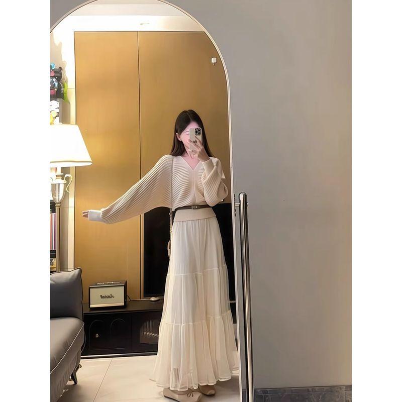 Kumikumi Fashion Suit Elegant Anti-Aging Long Sleeves Knitwear Female Fall High Waist All-Match Tutu Two-piece Set