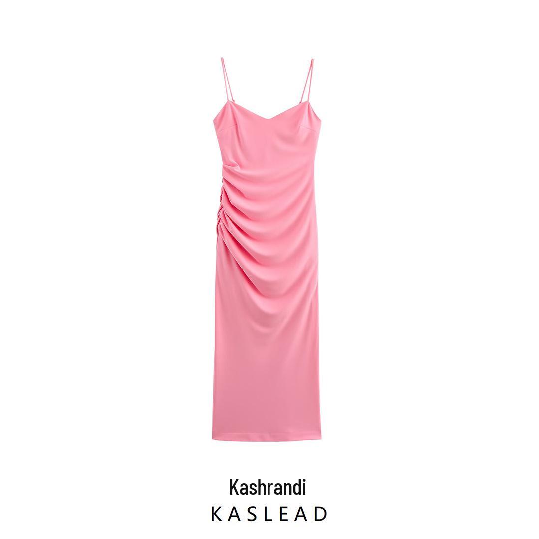 

2025 Spring Women s European & American Pleated Spaghetti Strap Midi Dress Extra Small