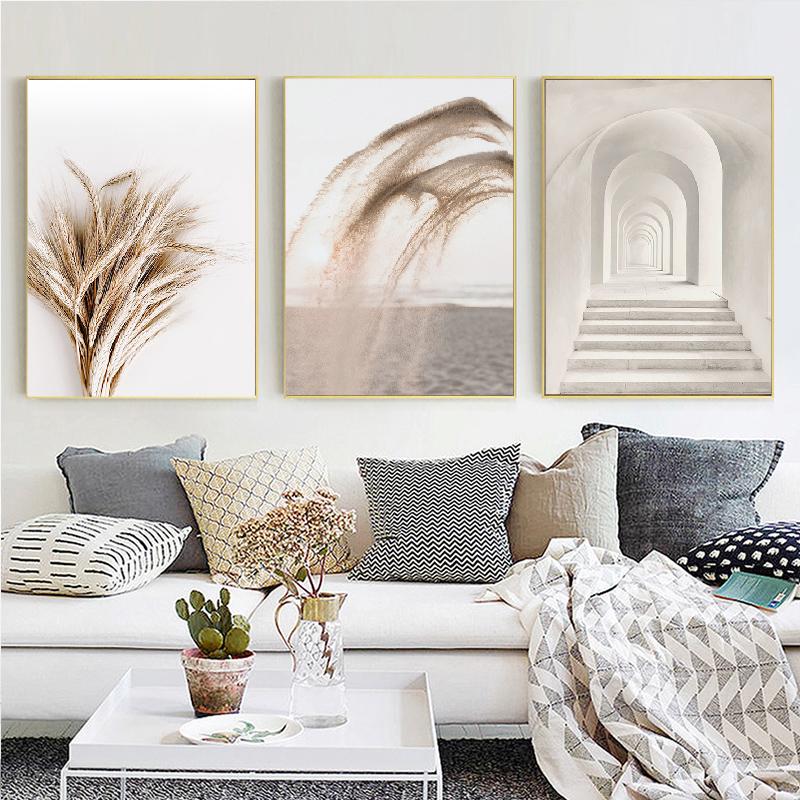 Póster de pared de hierba de diente de león y caña de color beige nórdico natural, pintura en lienzo para pared, póster, imágenes para dormitorio, decoración de sala de estar