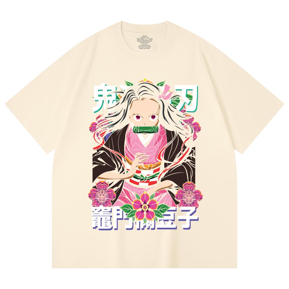 230 Gsm 100% Cotton Demon Slayer V70 Nezuko Flower Print Unisex Heavy Cotton T Shirt