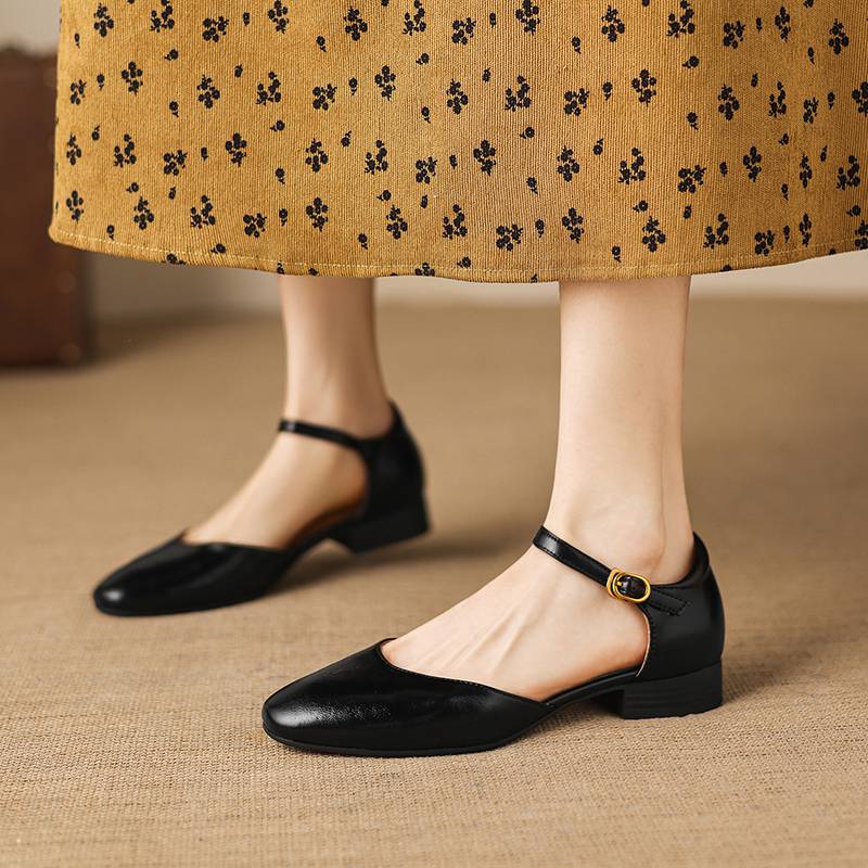 Krazing Pot Cow Skin Round Toe Low Heels Summer Shoes Big Size 42 Ankle Straps Women Pumps