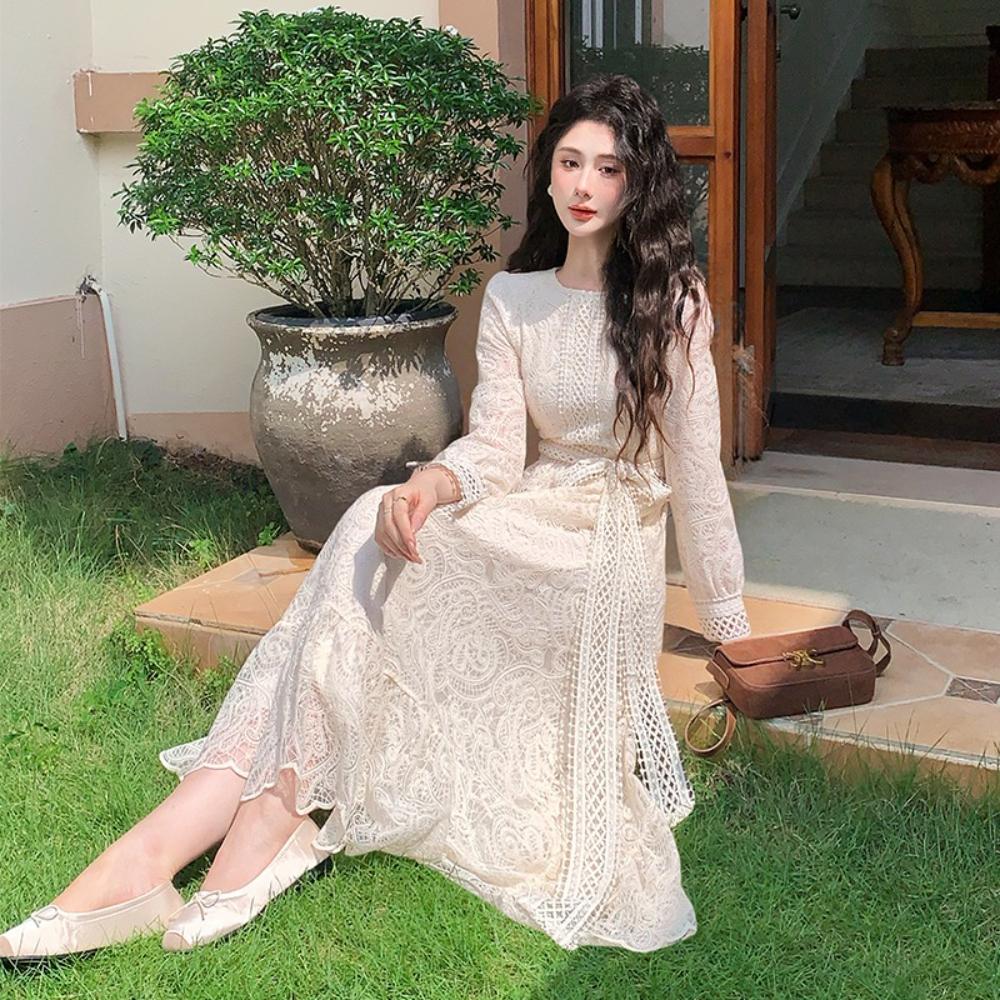 Elegant Crochet Lace Prom Party Dress Women's O Neck Long Sleeve Embroidery Flower Hollow Out A-Line Long Dress