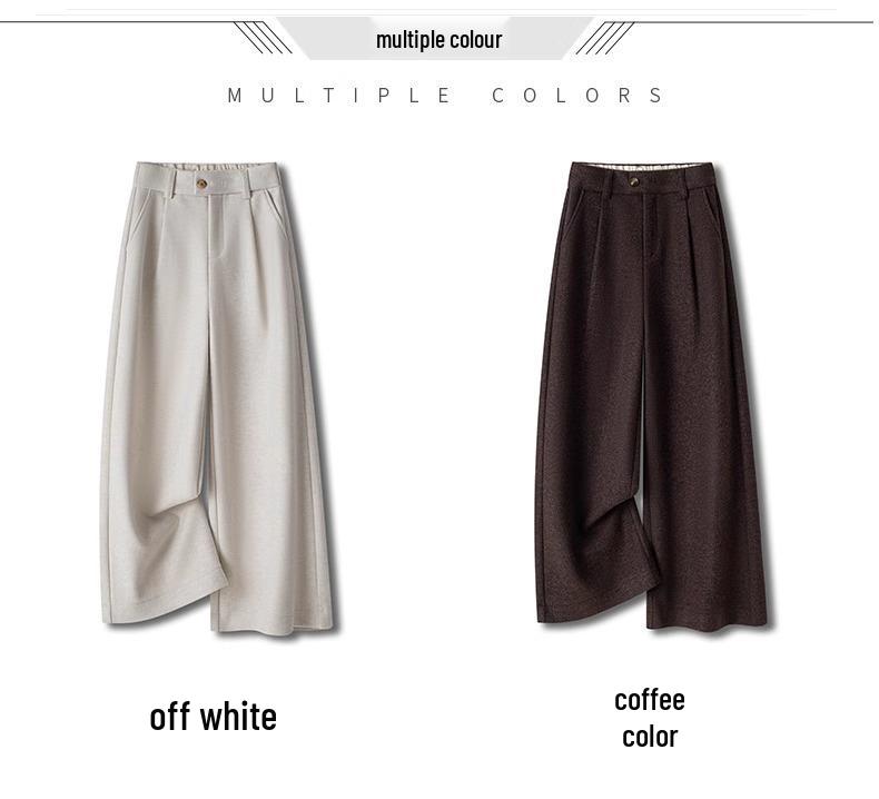 Women's 2024 Khaki High-Waisted Wool Wide-Leg Cropped Pants – Autumn/Winter Slimming Style