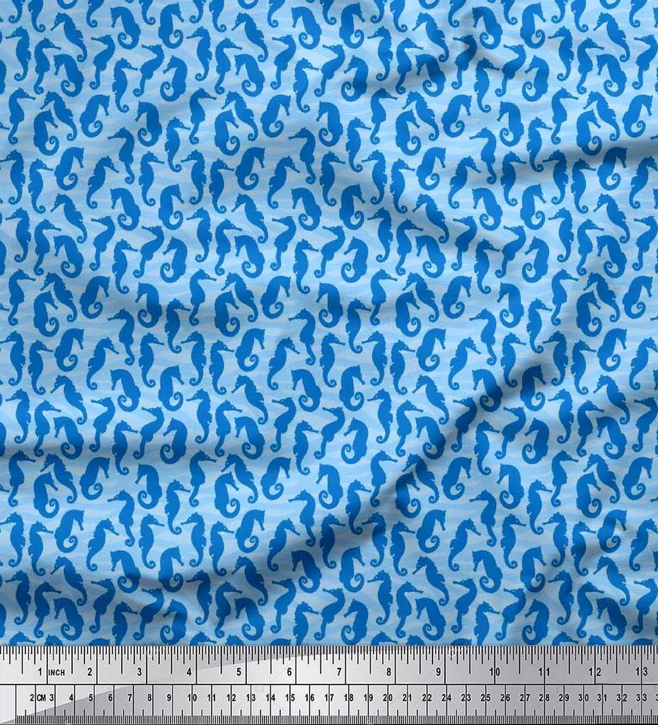 Soimoi Japan Crepe Satin Fabric Sea Horse Ocean Printed Craft Fabric by the metre 42 Inch