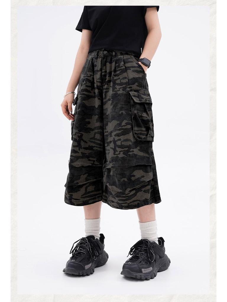 Salopetă Retro Camuflaj cu Talie Înaltă și Picioare Late cu Buzunare Multiple WHOOWAP