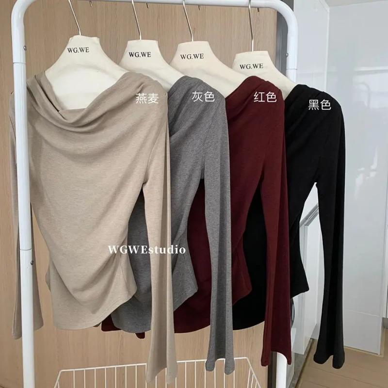 Tricou cu design de nișă, guler neregulat tip leagăn, cu mânecă lungă, nou pentru toamnă, pentru femei, top slim pe un umăr pentru femei