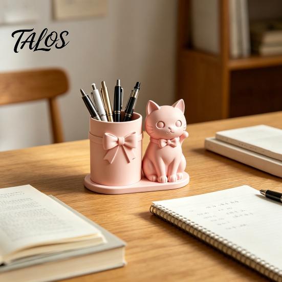 Cat Pen Holder, Cute Kitty Desk Organizer with Pens, Pencils, Makeup Brushes, 3D Printed Cat Sculpture for Home Office Desk Decor