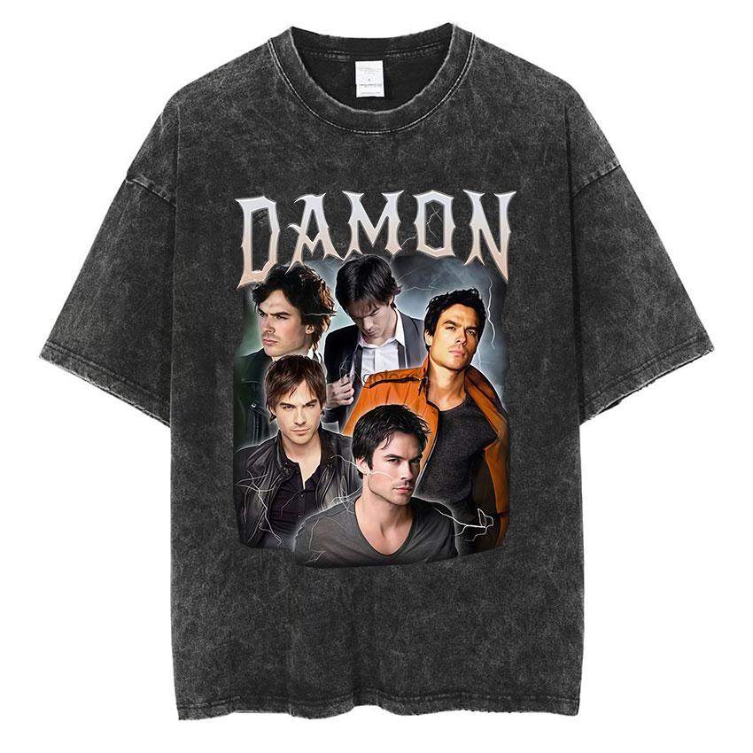 Damon Salvatore Grafica Vintage Lavata Maglietta Uomo Donna Abbigliamento Moda Harajuku T-Shirt Larga Oversize Manica Corta Magliette