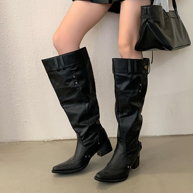 Mode Liyke Herbst Winter Neuer Stil Knopfriemen Kniehohe Stiefel Frau Vintage Spitzschuh Niedrige Dicke Absätze Schuhe Weibliche Lange Stiefeletten