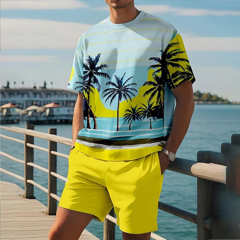 Stylish Men's Casual Suit Summer Breathable And Refreshing Suit Beach Style Printed 3D Coconut Oversized Men's Loose Top