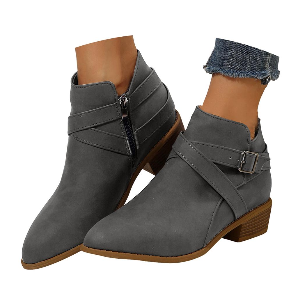 Damen Spitz zulaufend Mode Klobiger Absatz Gürtel Seitenreißverschluss Bequem Wildleder Knöchelhohe Stiefel Stiefel Für Damen Niedriger Absatz Offene Zehenpartie