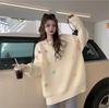 Stylowy koreański sweter Kawaii dla kobiet jesień zima długi rękaw okrągły dekolt luźne topy pulower casualowa moda damski szykowny sweter