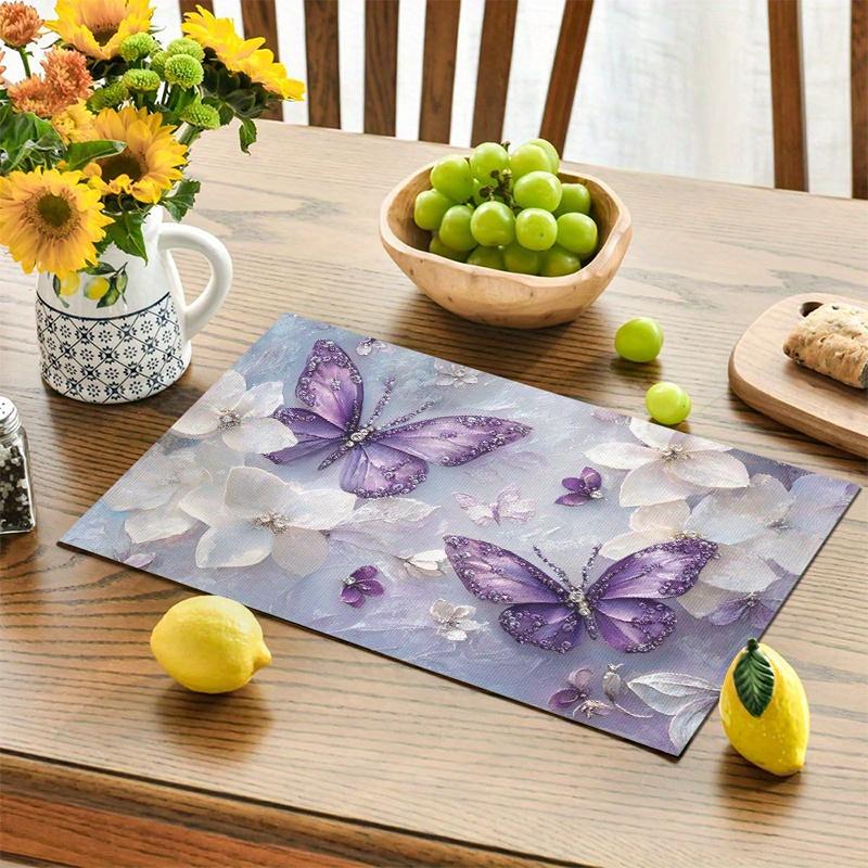 4pcs Linen Placemats Set, Elegant Purple Butterfly & Floral Design, 12x18 Inches - Ideal for Kitchen & Dining Room Decor, Home Gatherings, and Party