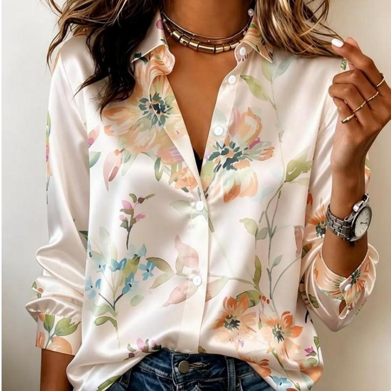 Dames Satin Witte Basis Fris Aquarel Bloemenprint Blouse Lange Mouwen Kraag Knopen Blouse Elegant Kantoor Casual Dames Meerkleurig Top