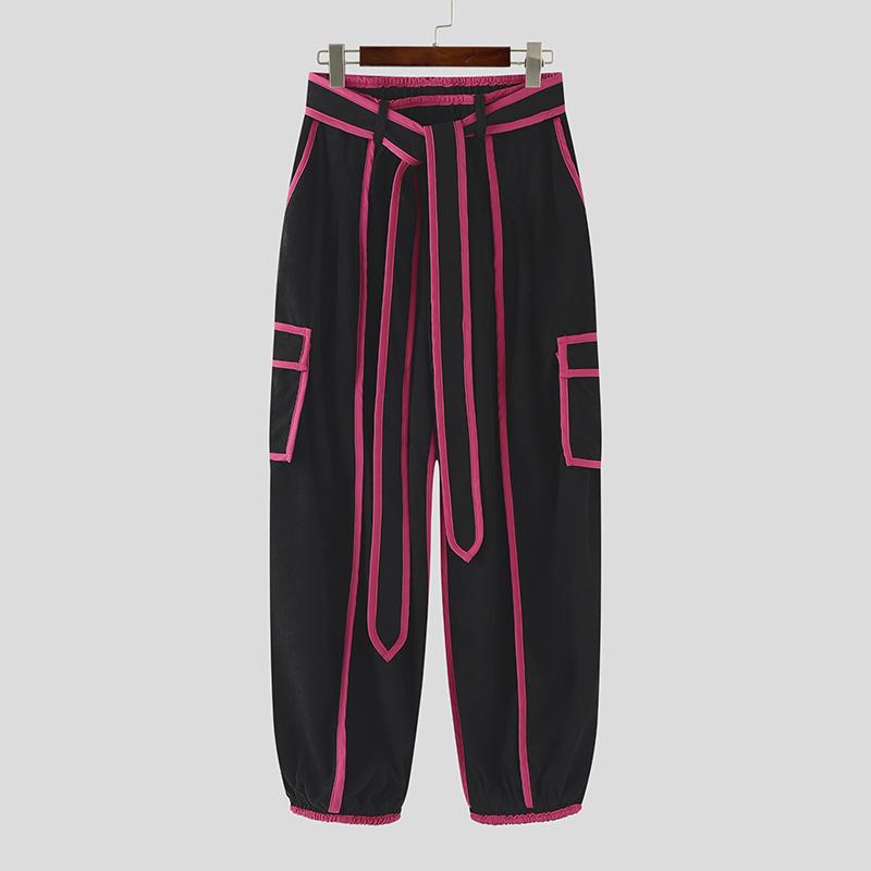 

INCERUN Autumn Spring Men Casual Elastic Waist Stitching Belt Long Harem Pants Trousers 5XL