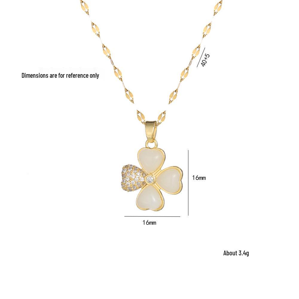 Women's Titanium Steel Necklace - Four-Leaf Zircon Flower & Cat's Eye Stone Pendant, New Design.