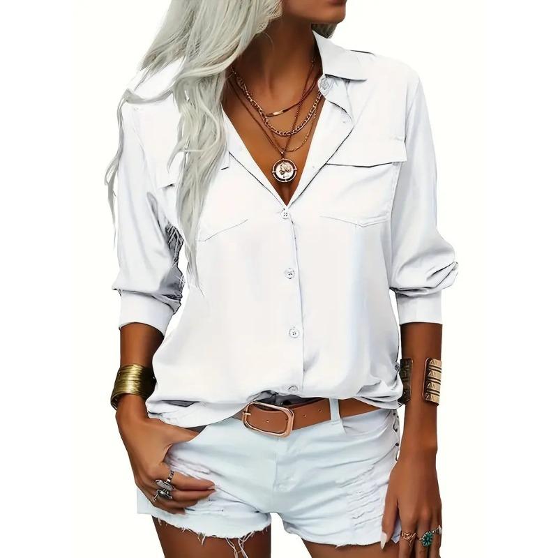 Long - Sleeve Button - Up Double - Pocket Lapel Casual Women's Blouses & Shirts