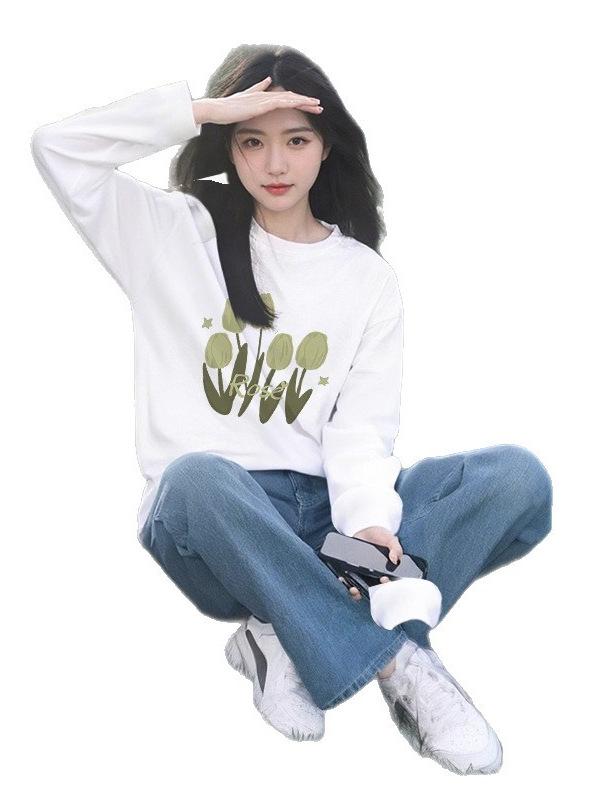 Women's Floral Print Loose Long-Sleeve Cotton T-Shirt - Slim Fit, Round Neck, White, Casual Spring & Autumn Wear