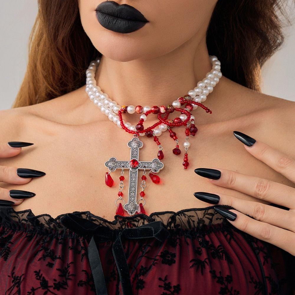 Multilayer Halloween Clavicle Choker Red Gothic Jewelry Fashion Blood Drop Necklace  Party
