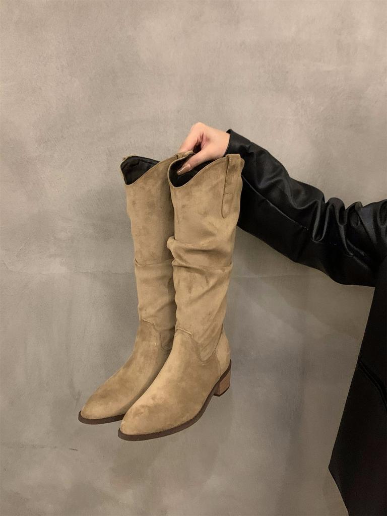 Tjock Klack Vintage Brun V-Mund Pile Mellanhöga Stövlar Damskor 2025 Sommar Spetsiga Western Cowboy Stövlar