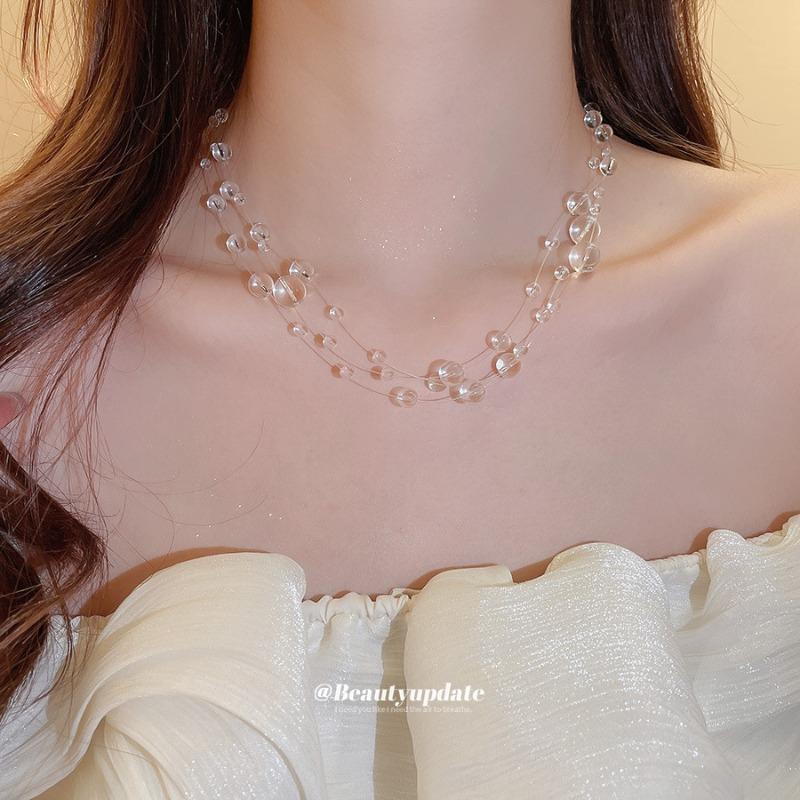 Irregular crystal beaded three-layer necklace, stylish and simple, versatile collarbone chain, personalized niche design, women's clothing