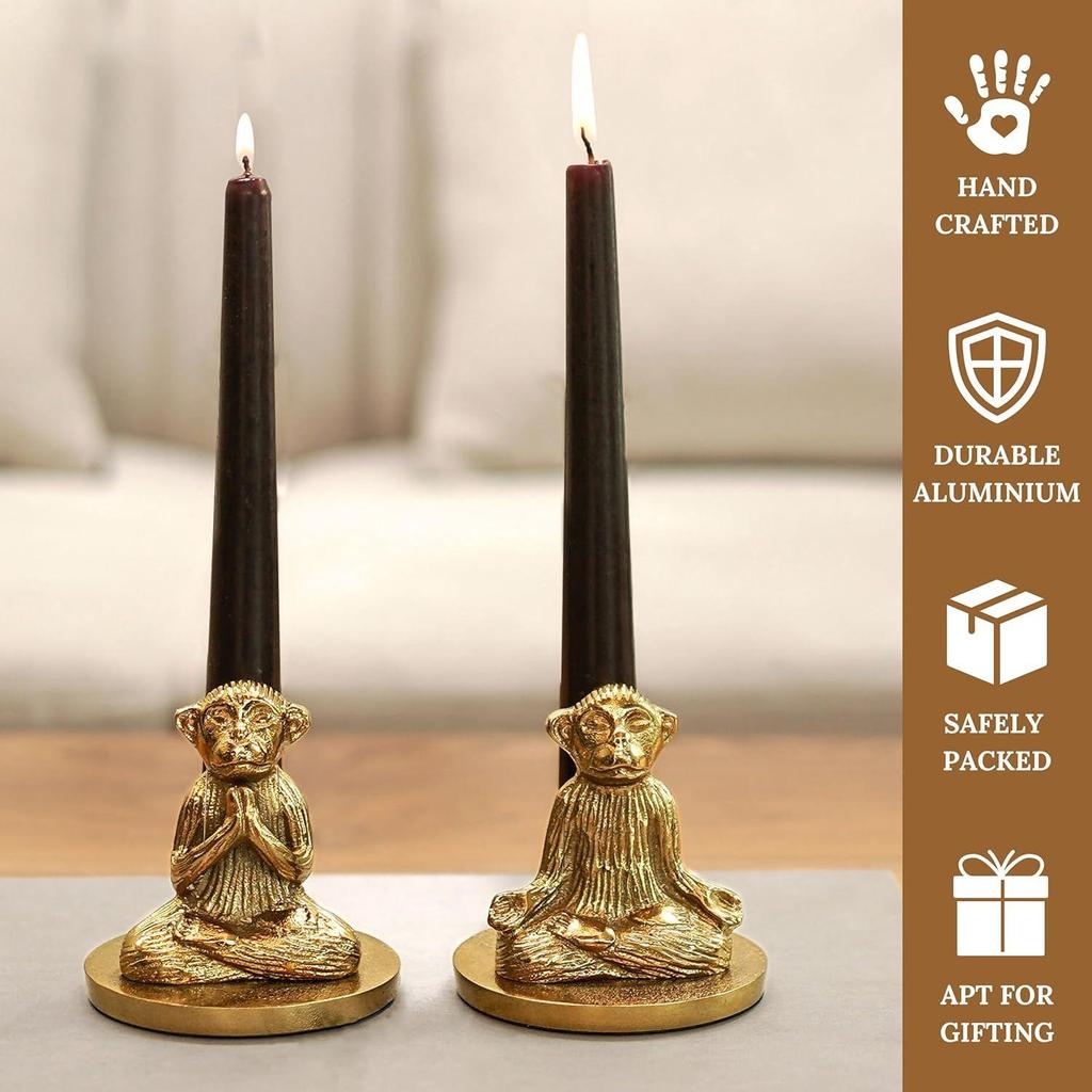 Aluminium Pair of Yoga Monkey Candle Holder for Home Decoration | Antique Gold Decorative Stag Candle Stand for Home Decor