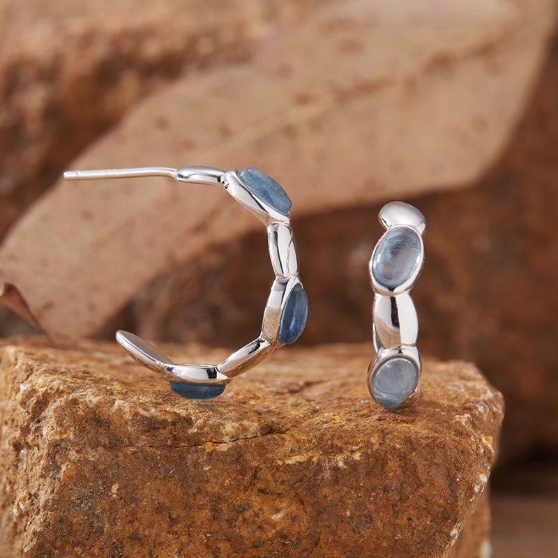 Natural Gemstone Aquamarine Stud Earrings S925 Sterling Silver Simple Fashion Treasure Xiaohongshu Earrings