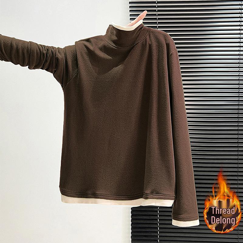 

Velvet-Lined High-Neck Contrast Long-Sleeve T-Shirt - Apricot (Autumn/Winter) M кофейный