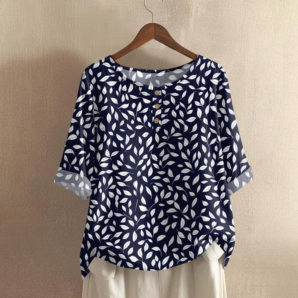Camicia alla moda e casual da donna a maniche corte con scollo rotondo e stampa, blusa top in cotone e lino