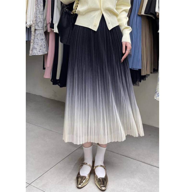 Qooth Falda Midi plisada con gradiente de cintura elástica para mujer falda elegante Reversible de corte a para verano primavera QT2102