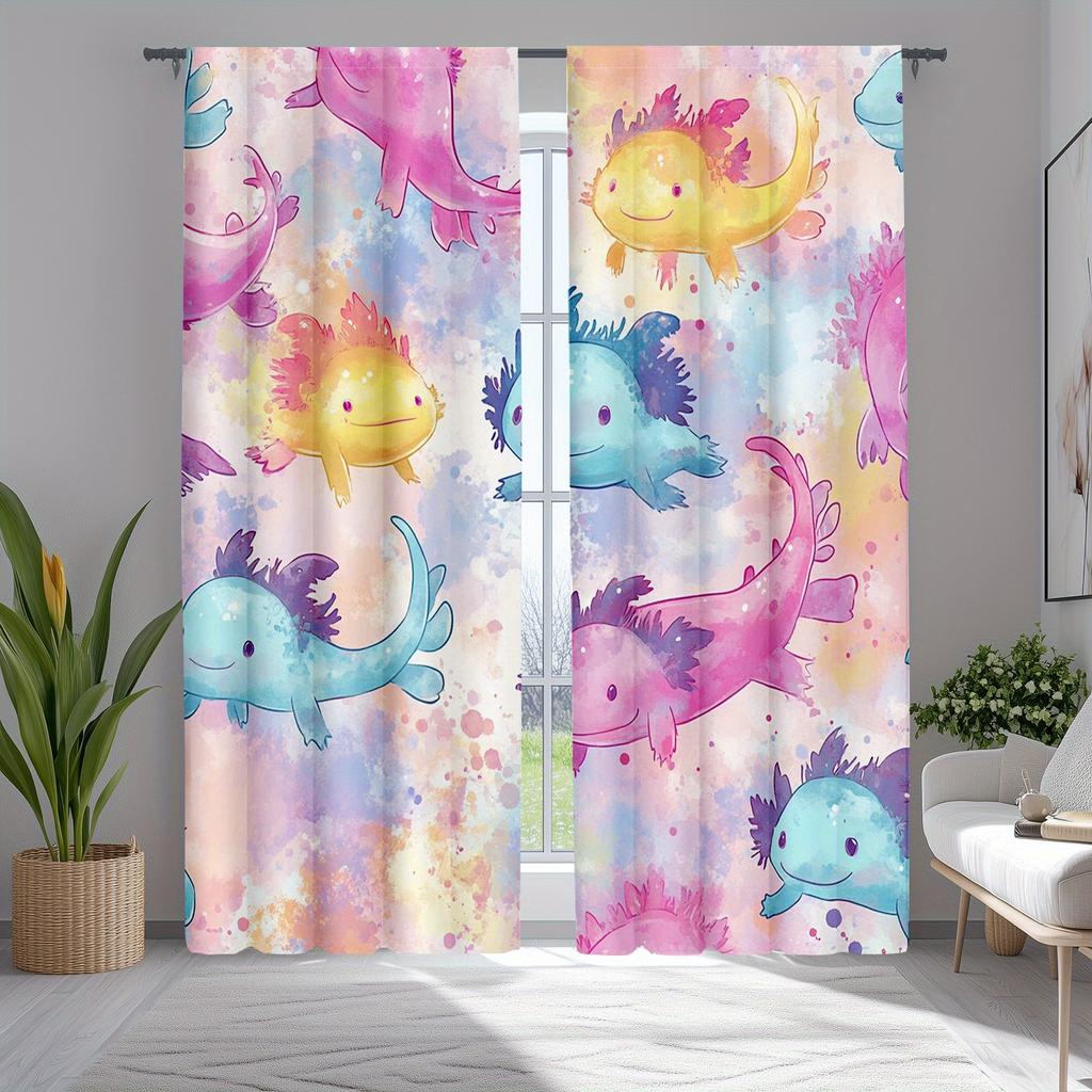 2pcs Kawaii Axolotl Blackout Curtains, Colorful Tie Dye Salamander Design Drapes
