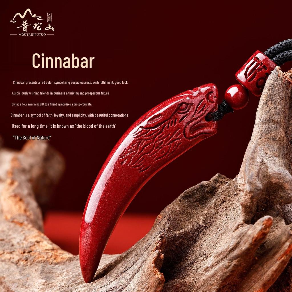 Putuoshan Cinnabar Wolf Tooth Pendant Necklace - Safety Amulet Gift for Women, Men, or Boyfriend