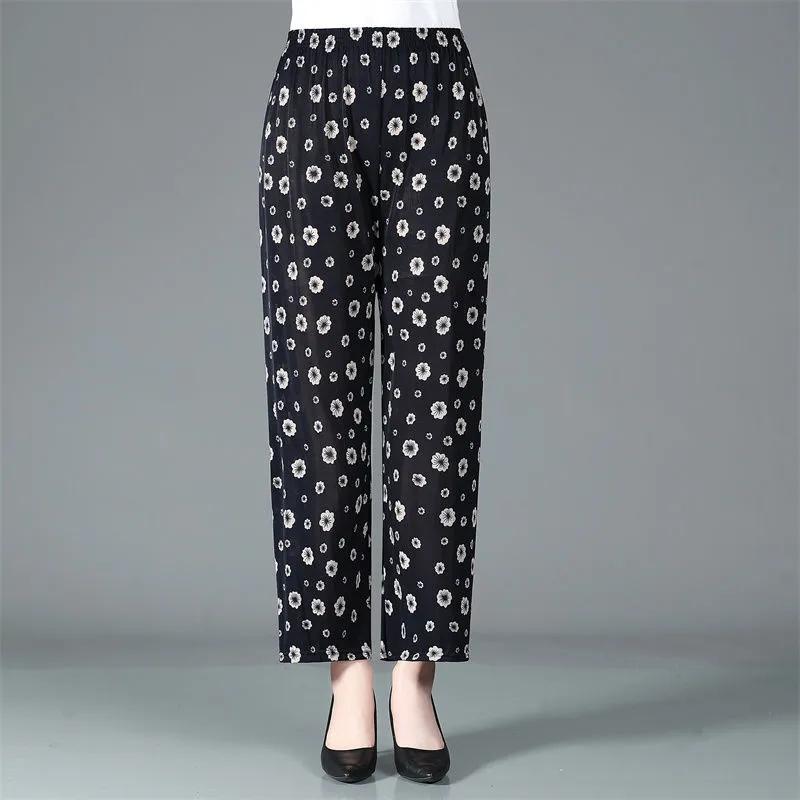WTEMPO Summer Mom Elastic High Waist Casual Stretchy Cropped Pants Women Large Size Loose Printed Thin Trousers