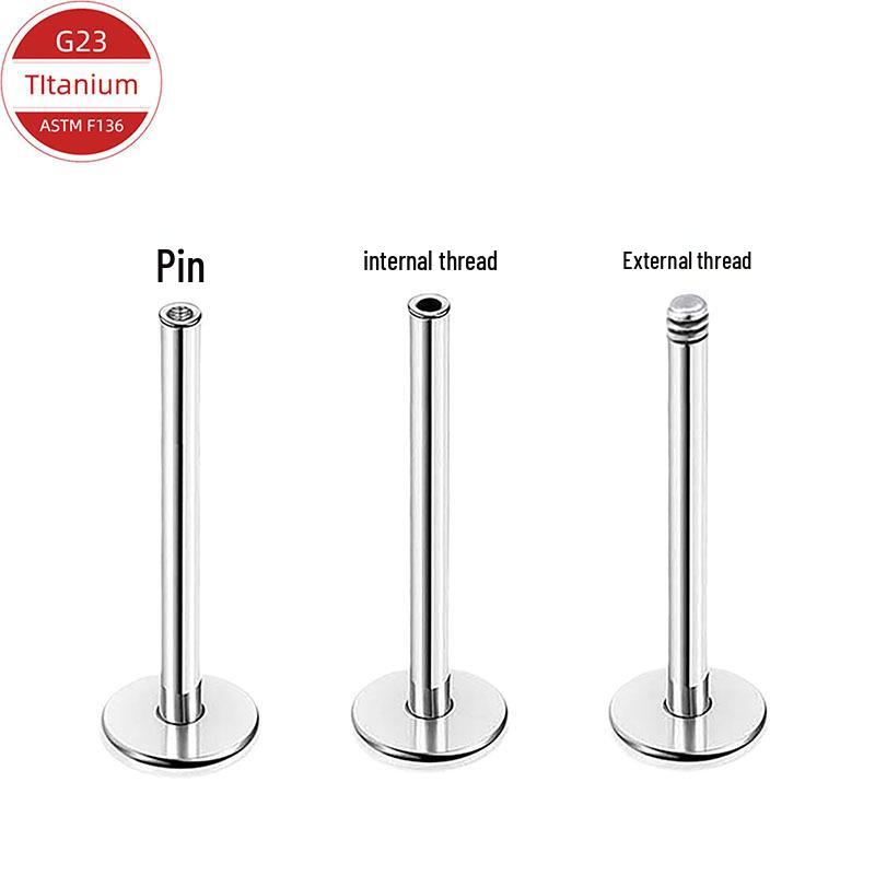 F136 Titanium Alloy Mirror Polished Internal Thread Earring Stud with Push-in Pin and Flat Back Post for Ear Cartilage or Lip.