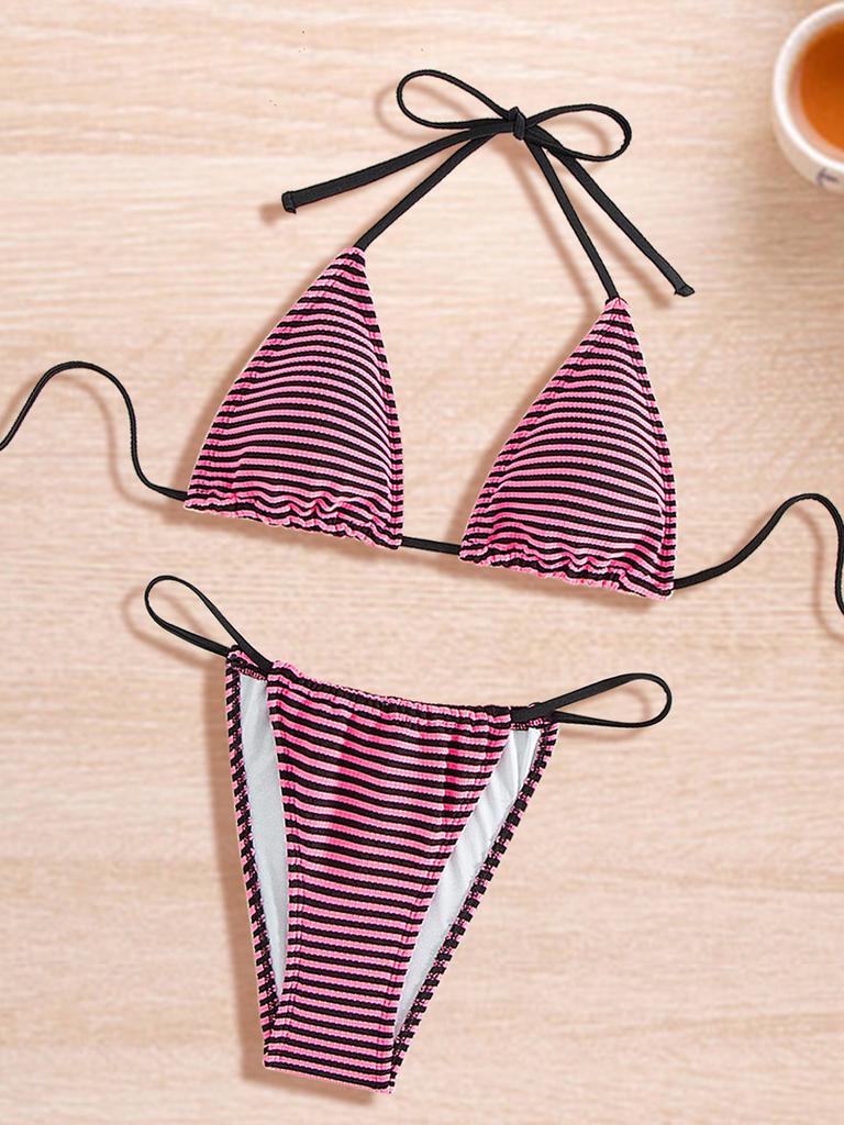 New Split Swimsuit Halter Strap Sexy Bikini Women European And American Beach Wear Striped Color Scheme