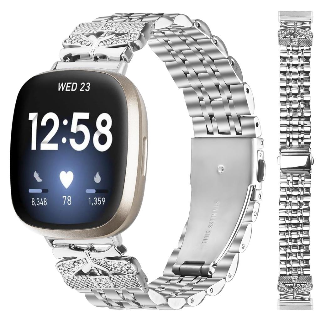 For Fitbit Versa 3/Sense Metal Watch Band Rhinestone Butterfly Decor Stainless Steel Silver Wrist Band