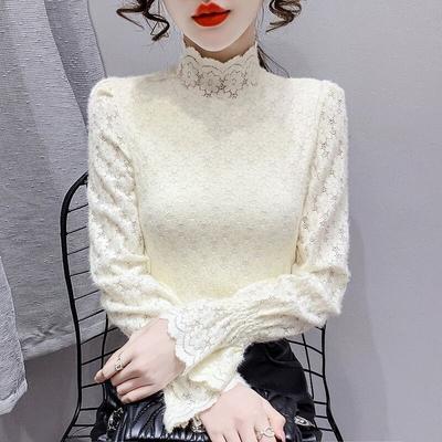 A Semi-high-necked Lace T-shirt As A Base Layer for Women In Autumn and Winter, Paired with A Small Shirt and Long-sleeved Top