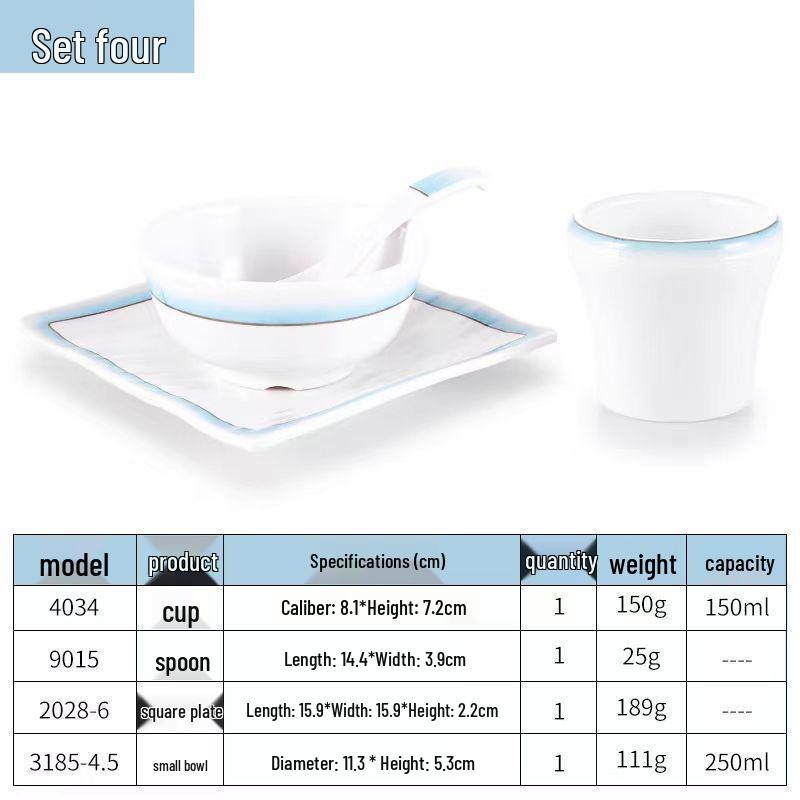 

Four-Piece Melamine Dinnerware Set: Plate, Bowl, Dish, Cup, and Spoon - Imitation Porcelain for Hotels and Restaurants