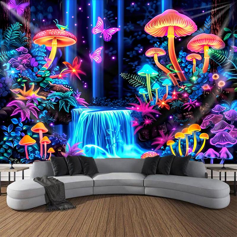 VIKAMA Bohemian Fluorescent Mushroom Waterfall Butterfly Photography Backdrop Wall Hanging Bedroom Wall Decor Tapestry
