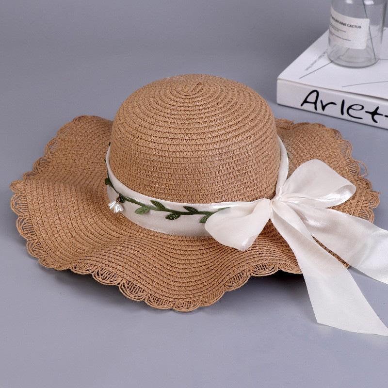 Sommer Damen Schleife Stroh Große Welle Strand Strohhut Outdoor Atmungsaktiv Sonnenschutzhut