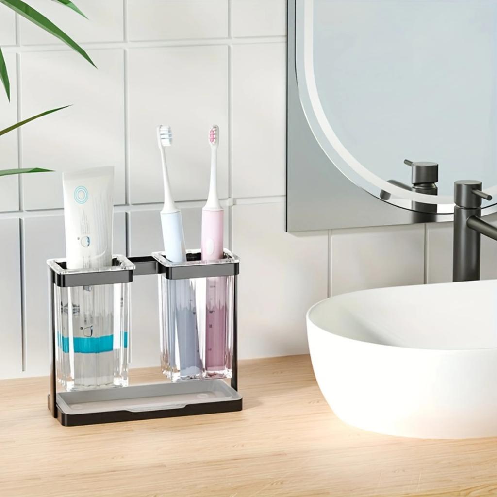 1pc Multifunctional Toothbrush Holder - Iron and Transparent Plastic Box with 2 Slots for Toothbrushes - Bathroom Organizer an