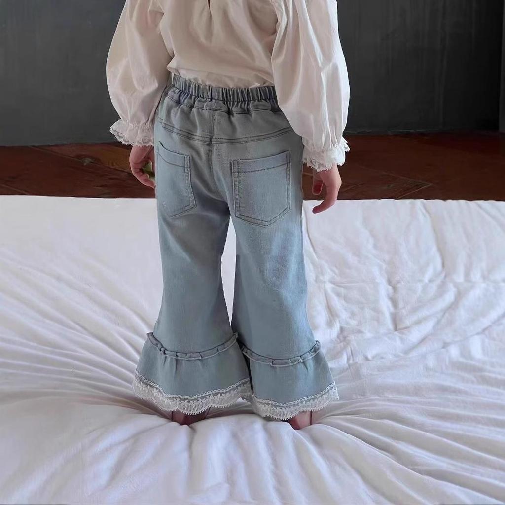Spring 2025 Korean Style Girls' Lace Denim Flare Pants – Fashionable, Slim, Versatile Long Children's Pants