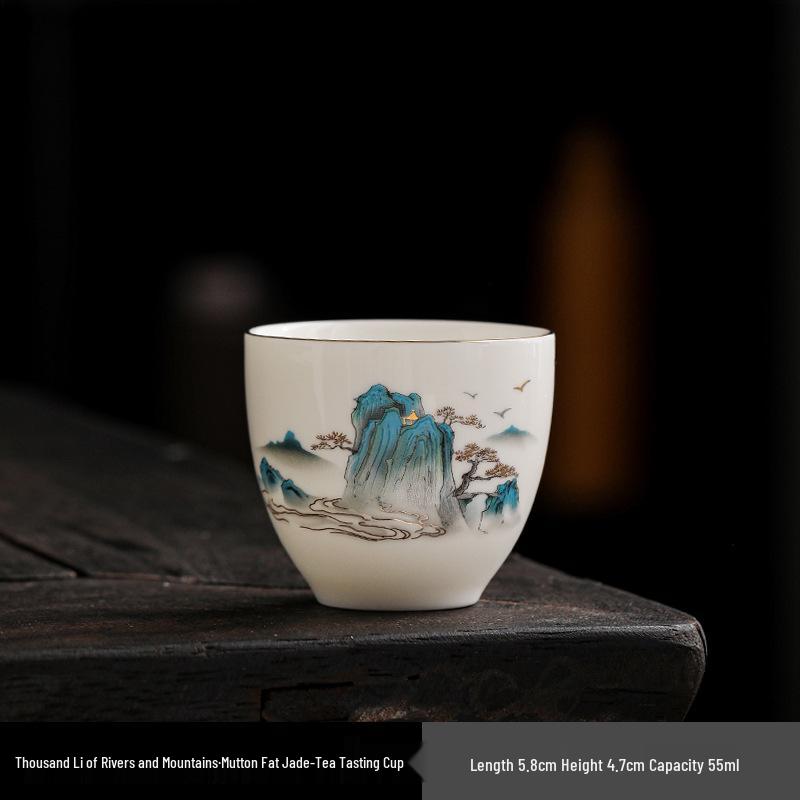 Jade Trim Sheep Fat Porcelain Tea Cup - Ceramic Kung Fu Master Cup