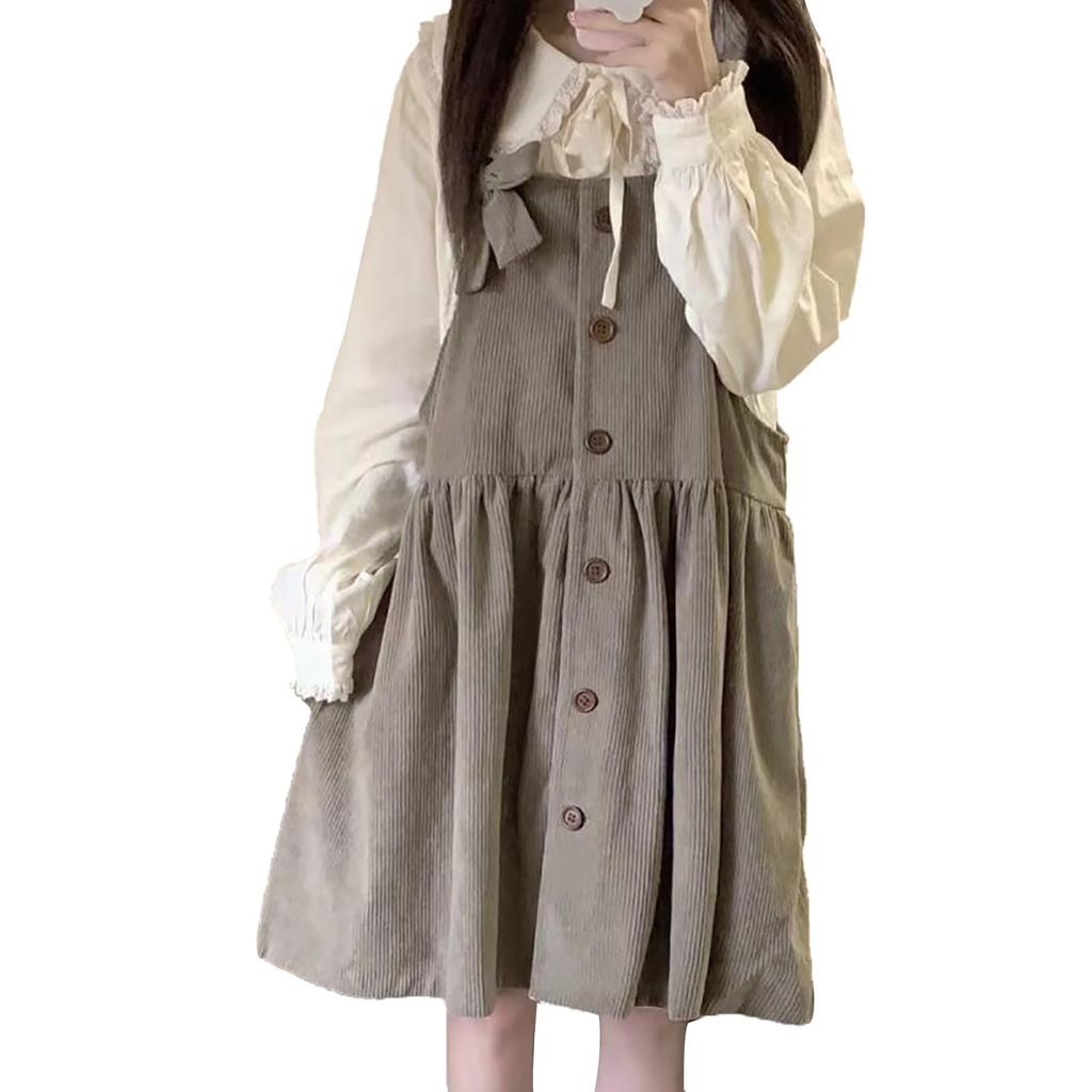 LAVASEON Overall Skirt Sweet Long Sleeve Lace and Pleated Mori Girl Perfect for Korean and School Festivals Women's 2-Piece Set, Mass-Produced Dress,